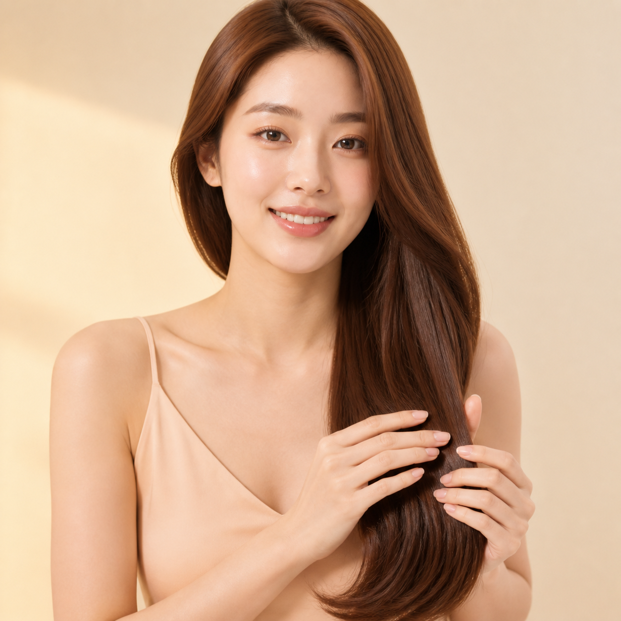 윤기 있는 긴 머리카락의 중간부터 끝까지 오일을 바르는 모습