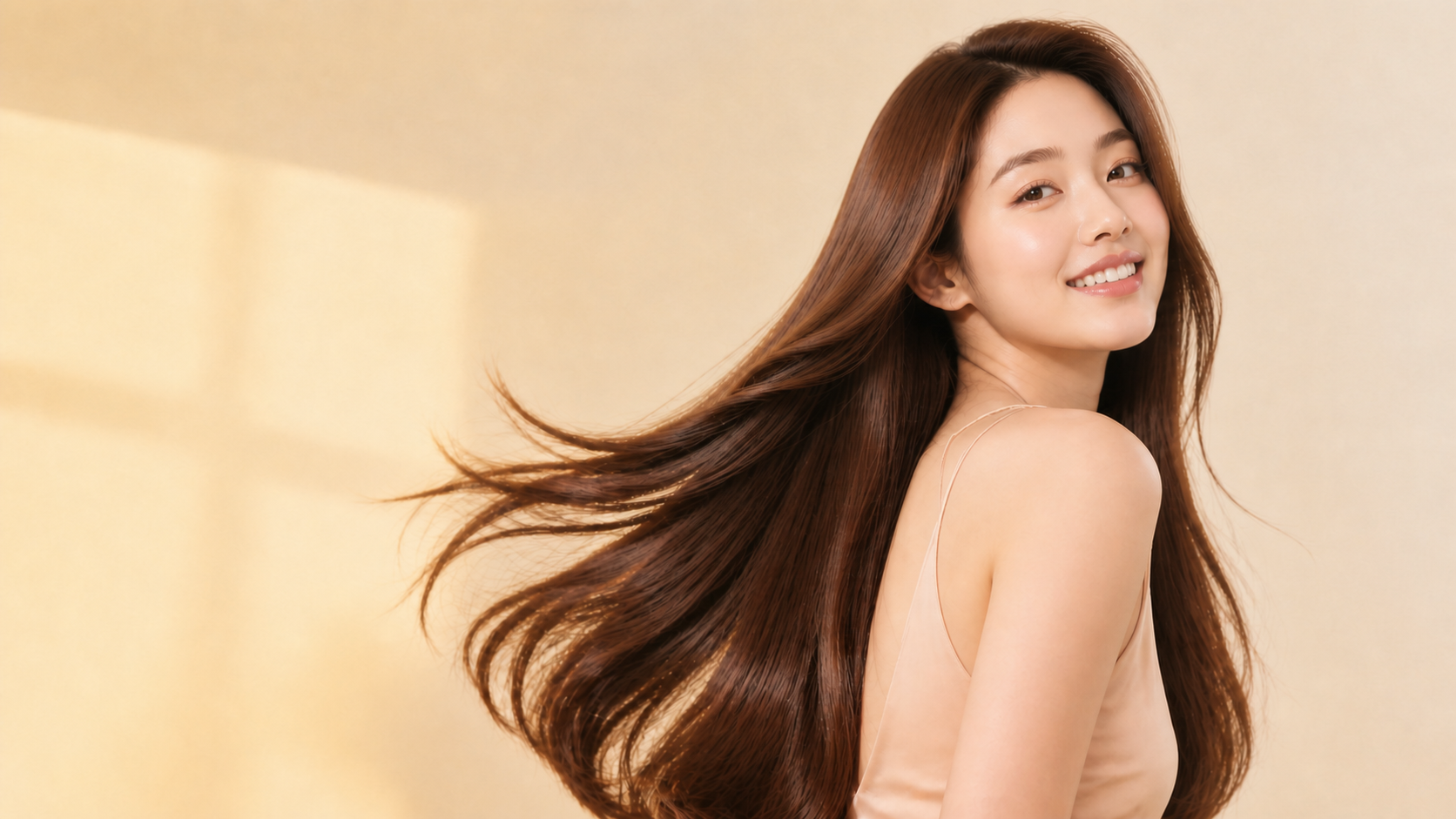 황금빛 배경에서 동일한 캠페인 모델이 윤기 나는 머릿결을 보여주는 모습