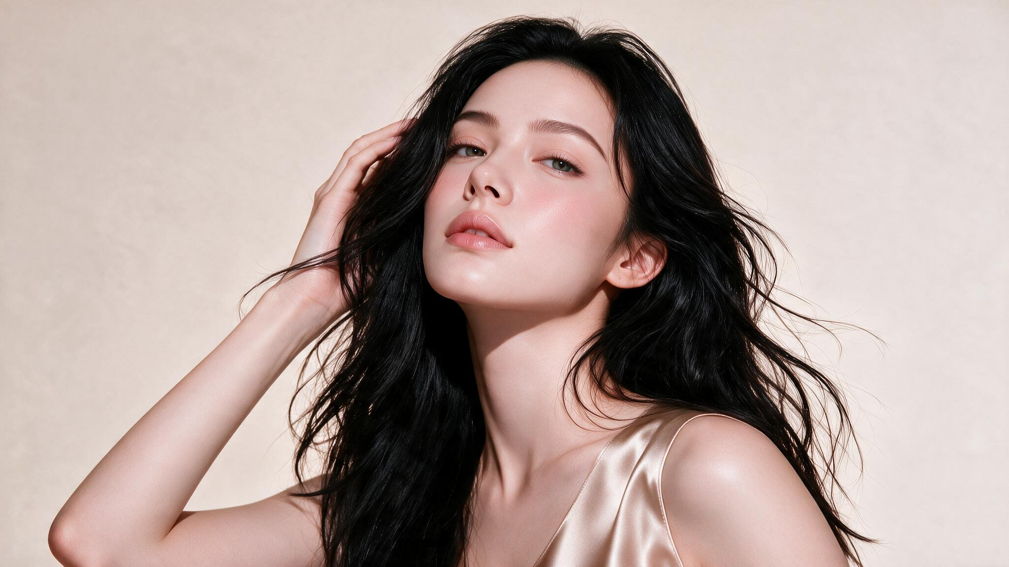 크림빛 배경에서 모델이 풍성하고 윤기 있는 긴 머릿결을 보여주는 MELTT 메인 배너