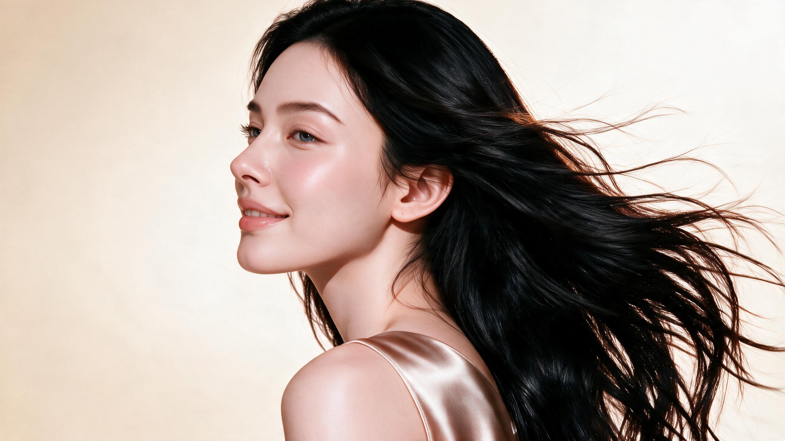 크림빛 배경에서 모델이 미소 지으며 바람에 흐르는 윤기 있는 긴 머릿결을 보여주는 MELTT 두 번째 메인 배너