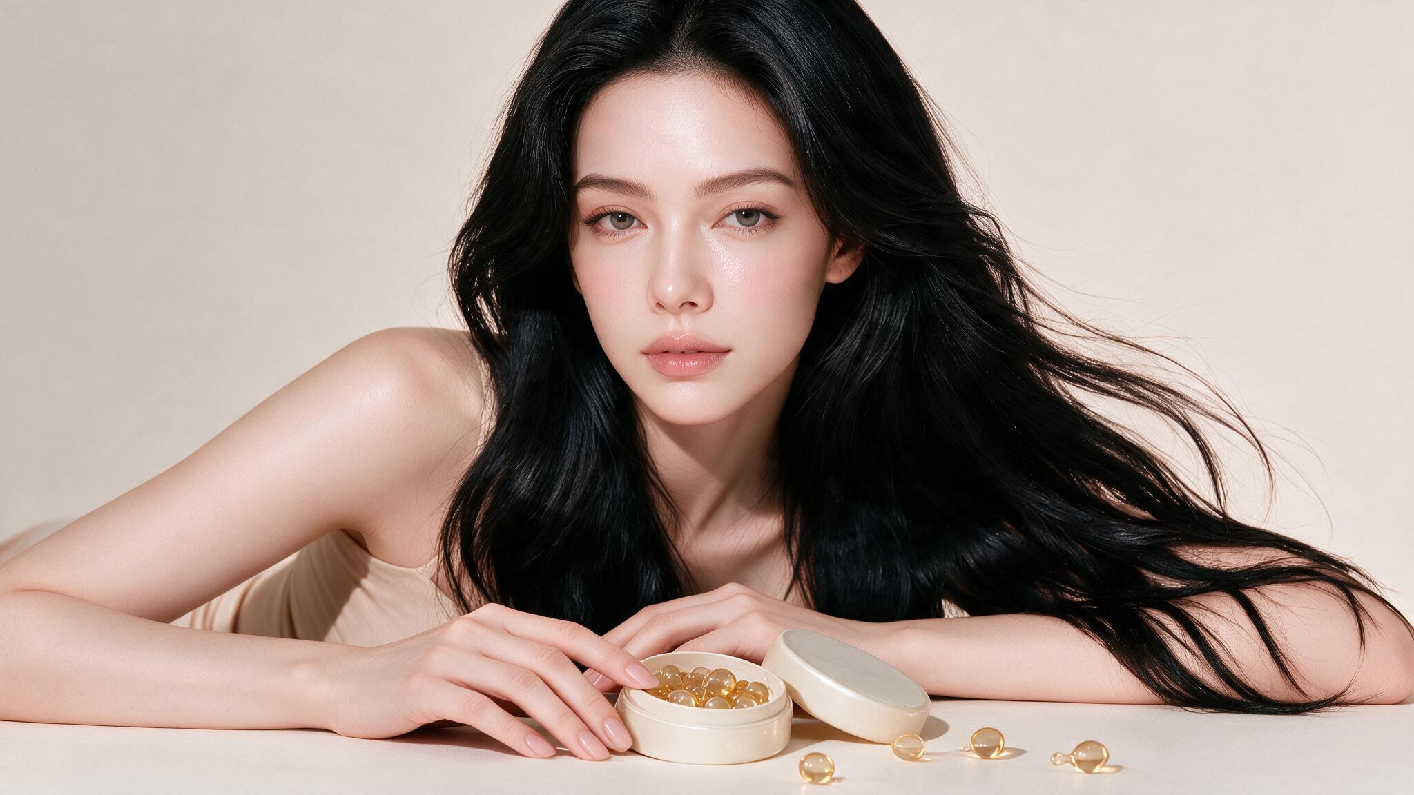 크림빛 공간에서 모델이 윤기 있는 긴 머릿결과 MELTT 캡슐 케이스를 보여주는 세 번째 메인 배너